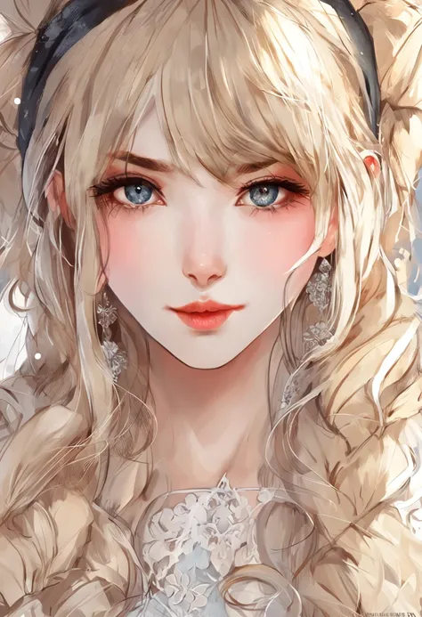 (8k, 4k, best quality, highres, ultra high res:1.1), (masterpiece, realistic, photo-realistic:1.1), 1girl,  face, close-up, twintails, blonde hair, black eyes, red lips,  (looking at viewer:2), absurdly long hair, long eyelashes, eyeshadow,  small face, bi...