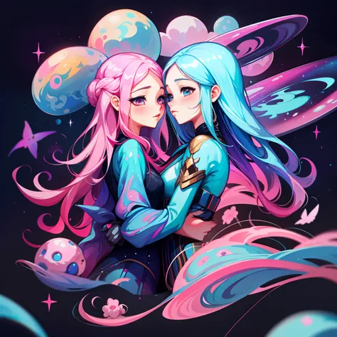 adesivo, fundo simples, portrait, 2 girls, couple, girl with long hair, beautiful galaxy girl, galaxy aesthetic, beautiful girl, very beautiful fantasy art, beautiful and elegant female galaxy, beautiful detailed fantasy, pink and blue color palate, pink c...