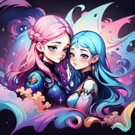 adesivo, fundo simples, portrait, 2 girls, couple, girl with long hair, beautiful galaxy girl, galaxy aesthetic, beautiful girl, very beautiful fantasy art, beautiful and elegant female galaxy, beautiful detailed fantasy, pink and blue color palate, pink c...