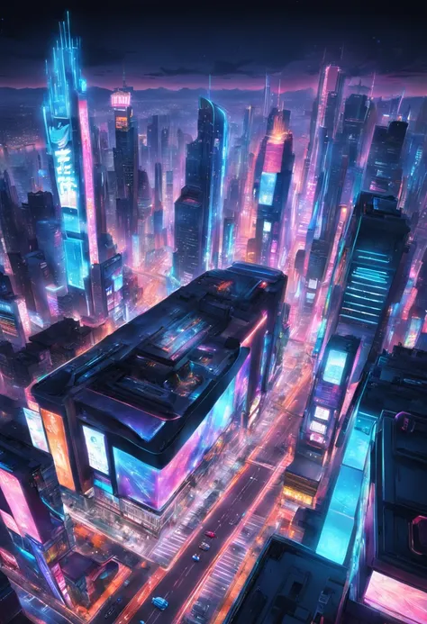 "「Cybecity」Create a vivid depiction of,Futuristic cityscape defined by neon-lit skyscrapers, Holographic Billboard, And busy streets. Imagine a city where technology and vibrant colors merge to form a dazzling visual spectacle. Capture the essence of a bus...