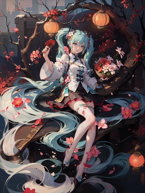 8k，Highest image quality，Big breasts Hatsune Miku，The color combination with a hint of chill is very close to the temperament of the original painting。The Hatsune hair on the plum blossom tree ripples like water waves，Very impressive，This artistic concepti...