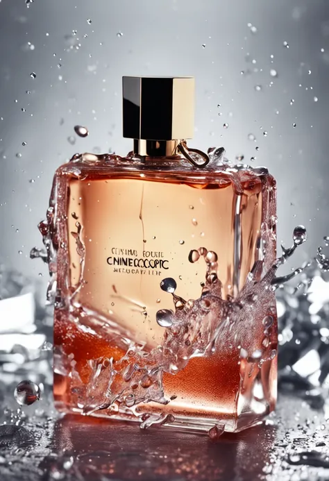 a product photography of a perfume , on a black desk, drops of water, transmit American feeling, dripping water, diffused lighting, surrounded by white rose blade, product photography