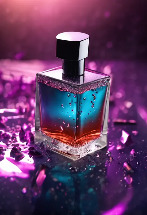 a product photography of a perfume , on a black desk, drops of water, transmit American feeling, dripping water, diffused lighting, surrounded by white rose blade, product photography