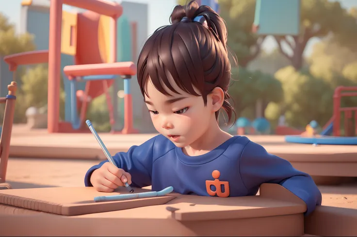 (Pixar 1.23 style) 1 boy ((upper body front, bust shot)), solo, cute kid, brunette, pretty tracksuit, boy, korean child, playground, ((masterpiece, highest quality)), (composite lighting)