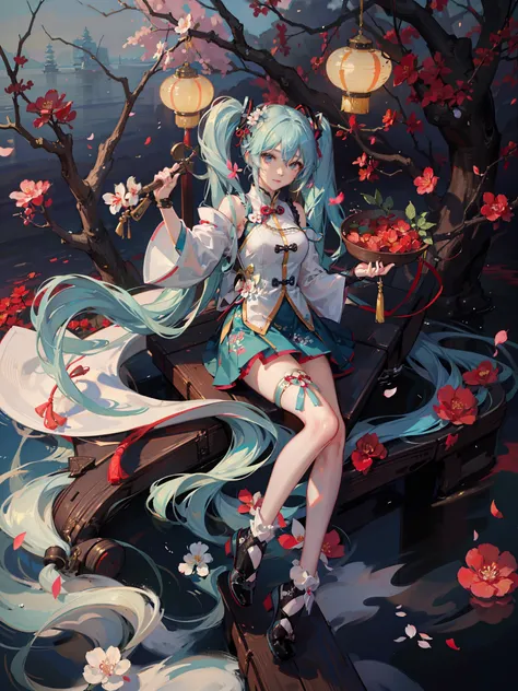 8k，Highest image quality，Big breasts Hatsune Miku，The color combination with a hint of chill is very close to the temperament of the original painting。The Hatsune hair on the plum blossom tree ripples like water waves，Very impressive，This artistic concepti...