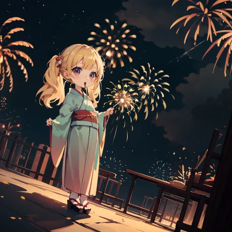 Chibi:1.8,Kimono,Girl in Yukata,Blowing in the wind,Summer Festivals,natta,food stand,Spirit Stream,Big  Fireworks:1.7,Fireworks in the night sky:1.8,poneyTail,dutch angle shot,ground-level shot,low angle,full body shot,long shot,(masutepiece: 1.3), (exqui...