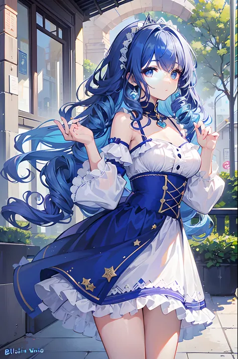 (La mejor calidad) (obra maestra ) Cara perfecta. kawaii & Siniestra princesa belleza joven en la ciudad de Los Angeles. (((Blue curly hair))) ((((nordin woman))))