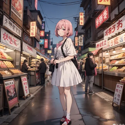 A short pink hair，Woman in white dress standing in Night Market Street（Frown 1.5）（puckered lips1.5）（scowl1.5）（The background is Food Night Market Street 1.5）style of anime4 K，Anime rendering，style of anime。8K，Handsome anime face（Full body display 1.8）（Woma...