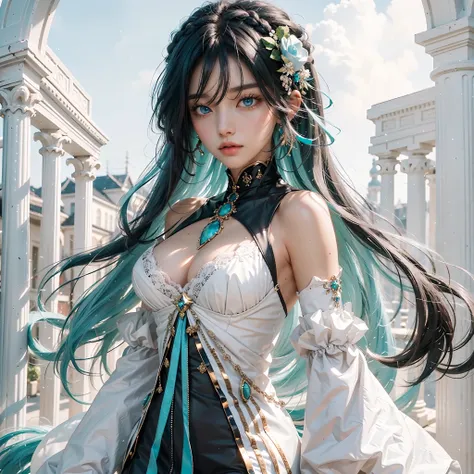 tmasterpiece，Best quality at best，the Extremely Detailed CG Unity 8K Wallpapers，In the daytime， White skin of the，long eyelasher, Long hair and waist，Pitch-black hair, Gradient hair, The ends of the hair are blue-green，Turquoise eyes，hair straight, White s...