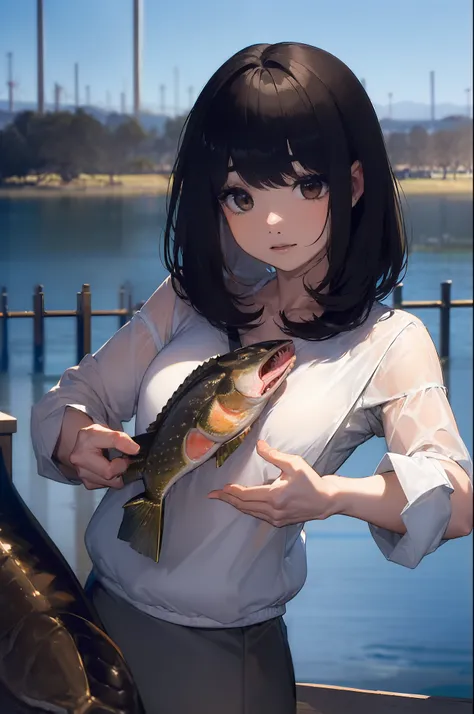 ((((Catch a big black bass by the lake:1.5)))),((1 female 28 years old))((Best Quality:1.5)),(((Hands with the correct number and structure of fingers:1.4))),((Large fish:1.37)),hight resolution,ultra-detailliert,​masterpiece,best qualtiy,poneyTail,Black h...