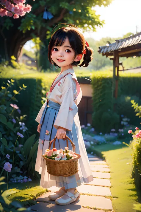 a little chinese girl, wearing hanfu, light pink clothes, light skirt, carrying a small basket, wearing a horse face skirt, blac...