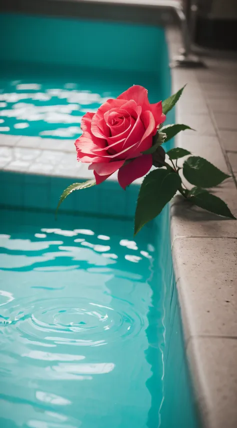 There are many flowers of different colors floating in the pool, pastel overflow, floating in perfume, translucent roses ornate, hyper realistic detailed rendering, pink water in a large bath, hyperrealistic aesthetic, melanchonic rose soft light, hyper de...