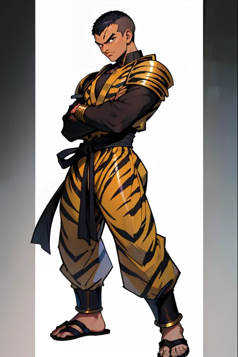 Khmer warrior, young, teenager, (buzzcut hairstyle), full body to toes and feet, wearing long armor sleeve tiger black stripes, wearing armor tiger black stripe pants dark brown tanned, street fighter, random boxing pose, wearing sandals, white background,