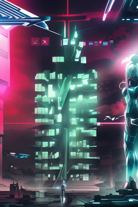 Cyber girl with a beautiful figure，The background is a sci-fi city and a spaceship, style of anime