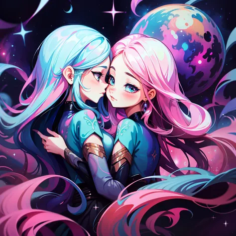 adesivo, fundo simples, portrait, 2 girls, couple, girl with long hair, beautiful galaxy girl, galaxy aesthetic, beautiful girl, very beautiful fantasy art, beautiful and elegant female galaxy, beautiful detailed fantasy, pink and blue color palate, pink c...