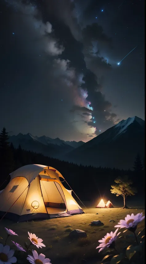 Expansive landscape photograph，（look from down，Above is the sky，Below is an open field of flowers），Triangle tent，A couple looks up in a flower field，starrysky，（moon full：1.2），（meteors：0.9），（Starcloud：1.3），Far Mountain, Tree BREAK making art，（Warm light sou...