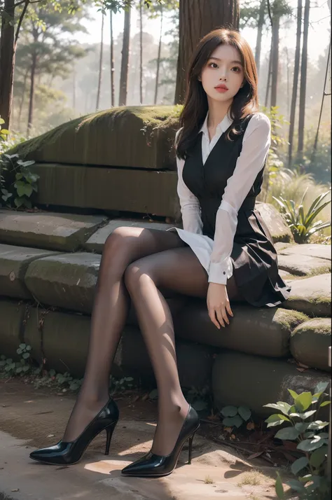 (full body:1.5)，(1girl:1.3),(view the viewer:1.4)，(anatomy correct:1.3),(sitting in the forest:1.2),(Wearing a school Style Dress:1.2),(Opaque brown pantyhose:1.3),( girl pointed thick heels :1.1)，(Accurate and perfect face:1.3),(Long legs:1.3),hyper HD, R...