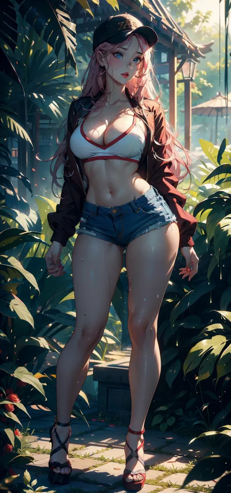 1female，35yo，熟妇，gigantic cleavage breasts，Big breasts Thin waist，long leges，Pornographic exposure， 独奏，（Background with：ln the forest，the rainforest，in summer） She has long pink hair，standing on your feet，Sweat profusely，drenched all over the body，seen from...