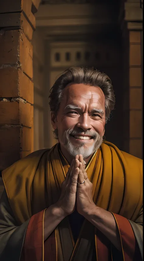 Arnold Schwarzenegger, Smiling Face, cinematic portrait photo of a very interesting Arnold Schwarzenegger Wearing the saffron robes of a monk, Inspired by Sadhusant, Saffron clothes, folded hands, pray of God, Rudraksha beads, rudraksha in hand, ghat of va...