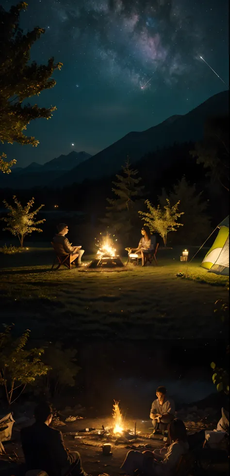 ((Masterpiece:1.5)), Riverside camping tents, bonfires, Other details, Night, A masterpiece of night sky detail，Best quality at best，（非常详细的 CG 统一 8k 壁纸），（Best quality at best），（The best illustrations），（The best shadow），Expansive landscape photograph，（look ...