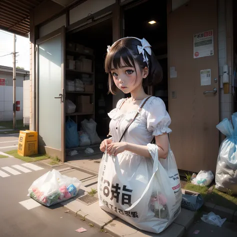 Huge plastic bag、Abandoned doll、Garbage collection point