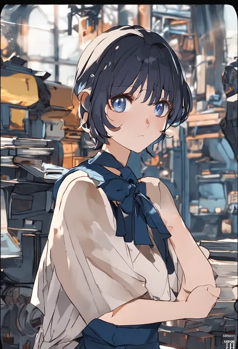 dark blue short hair girl, double low pony tail hairstyle, looks quiet, dark blue eyes almost black eyes, dress like a scholar in mechanics