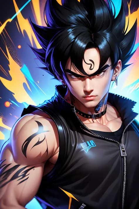 Son Goku in Dragon Ball, greyt hair，Fashion graffiti clothing，Trendy clothing，Tide brand，black black jacket，vests，denim pant，Lunette de soleil，Bracelet，ear studs，decorations，athletic sneakers，Tattooed with，choker necklace，Ultra high quality，Best quality，tm...