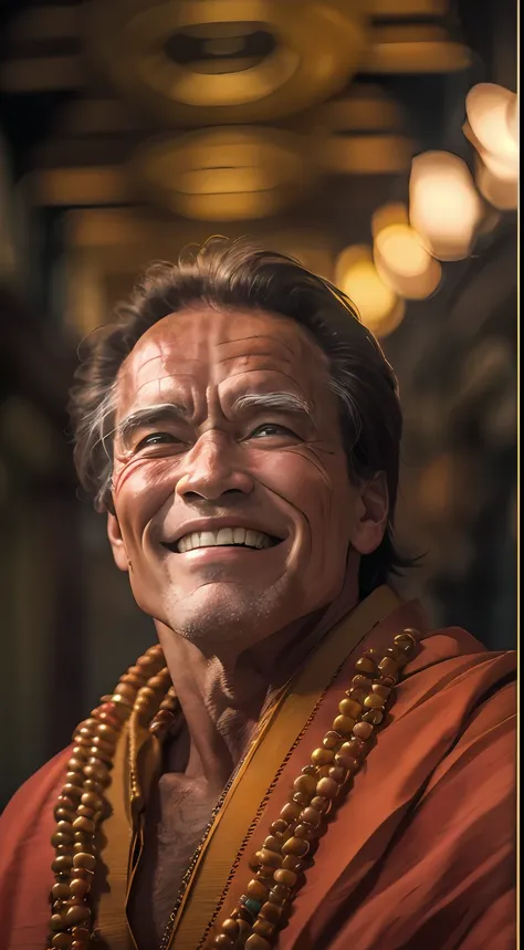 Arnold Schwarzenegger, Smiling Face, cinematic portrait photo of a very interesting Arnold Schwarzenegger Wearing the saffron robes of a monk, Inspired by Sadhusant, Saffron clothes, folded hands, pray of God, Rudraksha beads, rudraksha in hand, ghat of va...