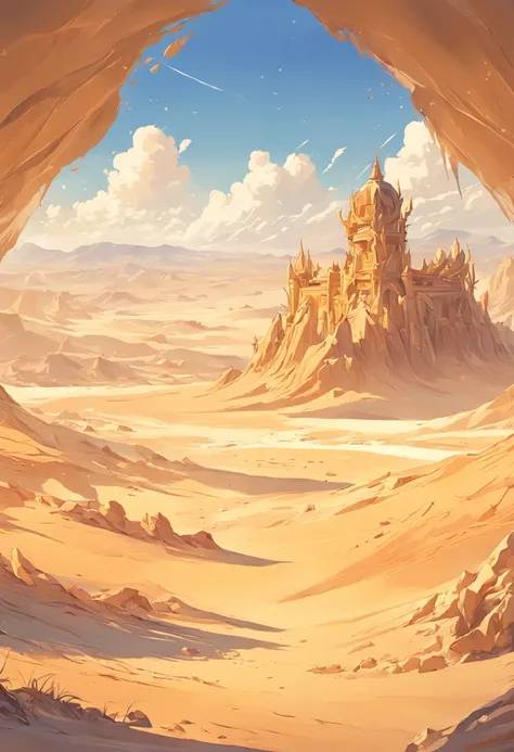 Yellow sand in the sky，The background is a vast desert, Desert oasis，richcolors，digital landscape art, Detailed scenery —width 672, landscape artwork, environment design illustration, scenery art detailed, Desert oasis landscape, concept-art, 4k highly det...