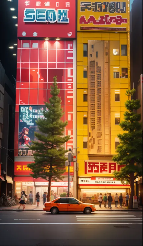 8-bit pixel art,the city street,modern tokyo,Akihabara Street, Horizontal plate composition，consecutive buildings,JK Pretty Girl - ar 3:1 --auto