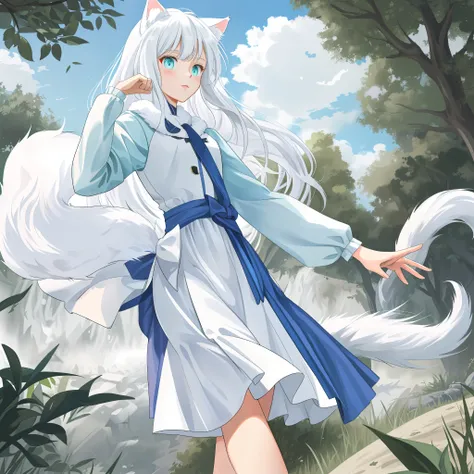 White fur cat ears cat tail loli