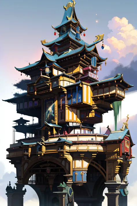 Game Academy，Ethno-style architecture，Ancient Chinese，Structurally sound、High-definition details，sci-fy，neonlight，cyber punk perssonage，Exaggerated particle effects，perfect works，White background，Cloudy sky, Cloud, Pastel color,（tmasterpiece，top-quality，be...