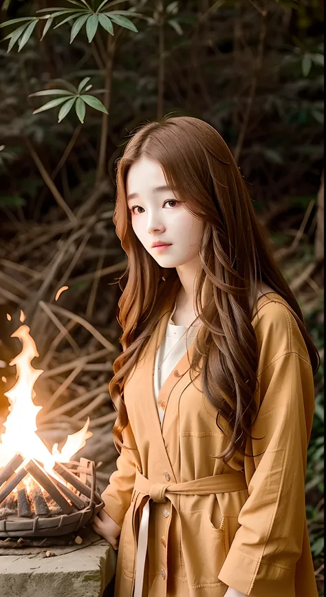 (Nancy McDonie)，"An extraordinary masterpiece, with intricate details, capturing the essence of absurdity (+1.2 creativity boost). A mesmerizing photo of a single girl, nestled in the depths of the dark forest. She stands by a crackling bonfire, dressed in...