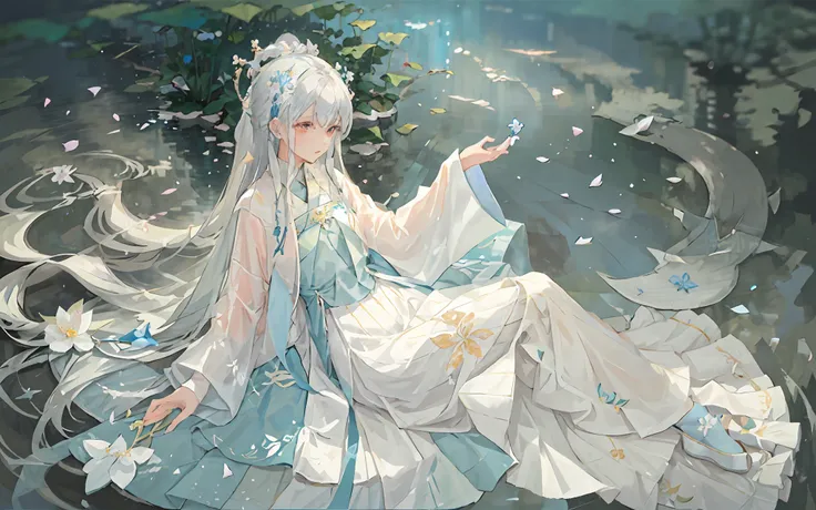 Light blue hanfu，A woman who is，Cold，White skin of the，flower  sea，ponds，Petals float on the water，lilie，鎖骨，eye closeds，Half immersed in water，Dark background，rays of moonlight，Hairpins，Yupei，Hanfu，exquisite face, hair adornments,  rosy lips, a skirt, obi ...