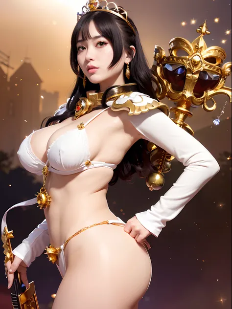 (masutepiece), Professional , ​masterpiece、top-quality、photos realistic ,  （Gemstone Silver Metal Body:1.９),(Matte White、Particles of light、Jewel Gold Weapon、（Gorgeous castle background）、（White Micro Bikini）（Jewel Metal Body:1.４),（Gorgeous Jewel Metal Weap...