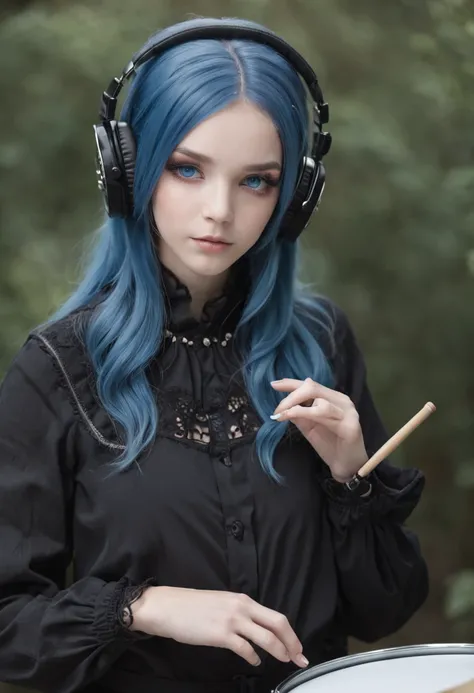 Girl playing drums、Blue-haired、light blue  eyes、Hang the headphones around your neck、black gothic clothing