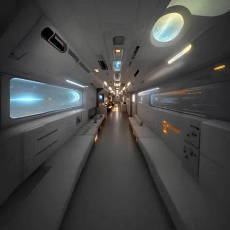 There is a long corridor，Inside there is sofa and TV, detailed spaceship interior, inside a space ship, inside a space ship, inside a space ship, spaceship hallway, sci - fi interior, high tech space ship interior, space station interior, interior of an al...