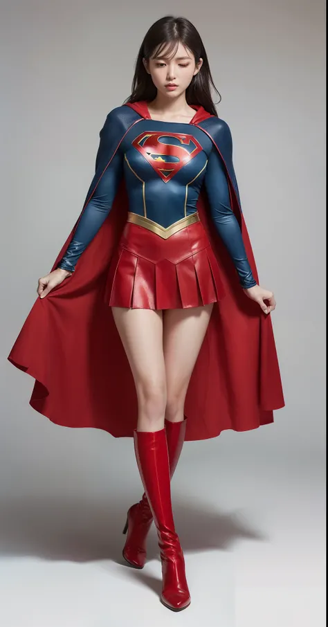 (((Make the most of the original image)))、(((Supergirl Costume)))、(((Banzai)))、(((and draw the full body)))、(((Hang upside down)))、(((Eyes closed)))、(((Green liquid flowing from the crotch)))、(((lustrous dark hair)))、(((Suffering)))、(((The cloak is red)))、...