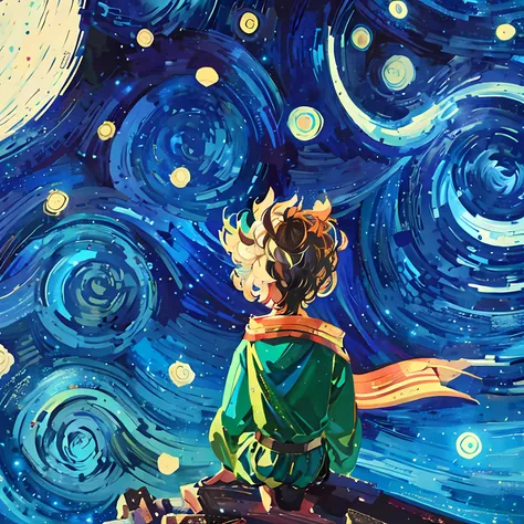 Draw a boy looking up at the stars，With the deep dreams of a little prince，Starry night painting style，digital cartoon painting art，painted digital art，Find the vitality of the stars，Epic digital painting，stunning art style。