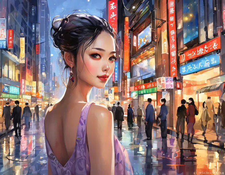 (tmasterpiece)，(top-quality)，(nffsw)，Located in Tokyos bustling neon streets at dusk, Capture the glittering reflections of skyscrapers in a tranquil puddle below, Artistic style to embody 3D models. Amplified Ultra HD, Detail of a young womans complex fac...