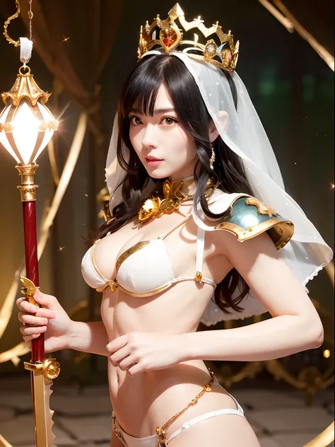 (masutepiece), Professional , ​masterpiece、top-quality、photos realistic ,  （Gemstone Silver Metal Body:1.９),(Matte White、Particles of light、Jewel Gold Weapon、（Gorgeous castle background）、（White Micro Bikini）（Jewel Metal Body:1.４),（Gorgeous Jewel Metal Weap...