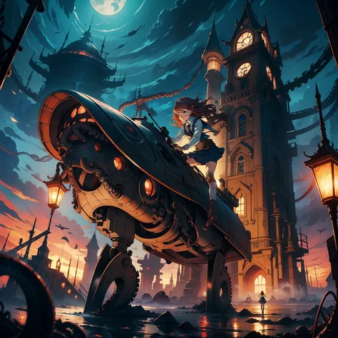 Anton Pieck　animesque　wondrous　strange　Whimsical　Sci-Fi Fantasy　Cyborg miniskirt schoolgirl　Giant octopus　fight