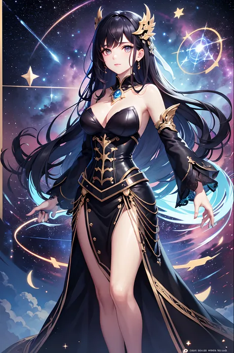 (masterpiece, top quality, best quality, official art, beautiful and aesthetic:1.2), girl, detailed face, long black hair, full body, blue shirt with high collar, violet corset, long blue skit, celestial, cosmic, extremely beautiful, high detailed, (galact...