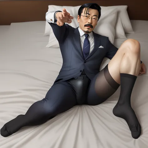 45 yers old，Kogoro Mouri，Tong，Bulge，get down on the bed，Black stockings have white liquid on them，Feet，lbeard，fortitude，k hd，an look of enjoyment，Be red in the face，opening legs，wear suit，The crotch is raised