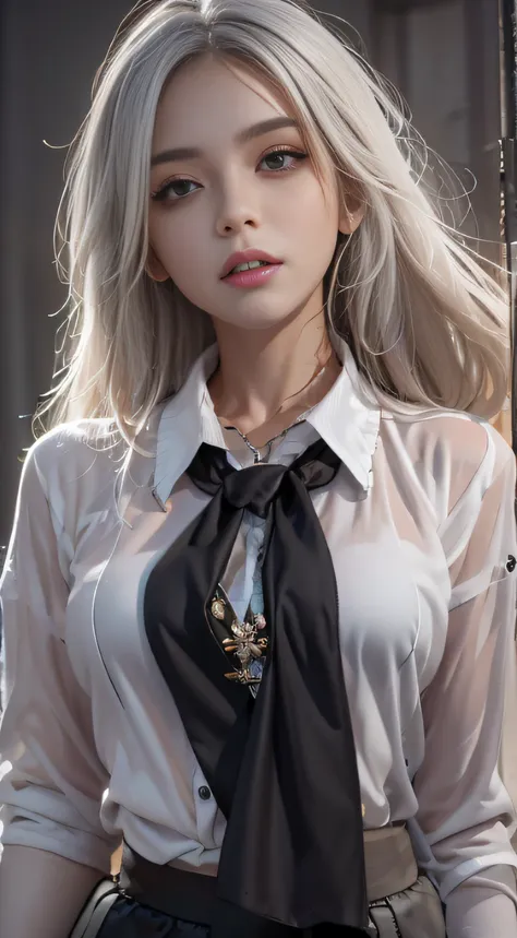 photorealistic, high resolution, 1 women, solo, waist up, beautiful eyes, close lips, detailed face, white hair, long hair, coll...