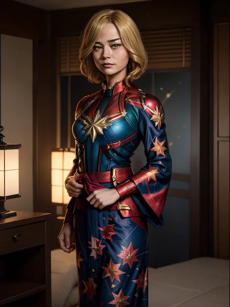 ((("Photorealistic Captain Marvel Wearing Yukata")))
Subject: An exquisite photorealistic artwork capturing Captain Marvel in a stunning yukata attire.
Type of Image: Photorealistic artwork.
Art Styles: Realism, Elegant.
Art Inspirations: Captain Marvels s...