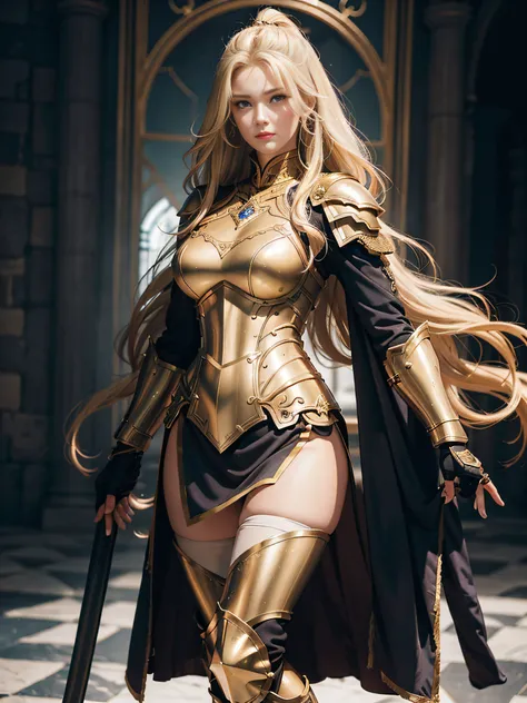 tmasterpiece，High-definition CG diagram，Beautiful female warrior，Detailed eyes and face，Tall figure，The blonde，Full armor attire，Extra-long boots，Wear knee-length boots，Over-the-knee stockings，Brilliant armor colors，Exquisite decoration，General temperament...