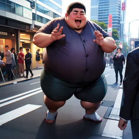 A fat sumo wrestler performing on the street in front of a station in Shibuya