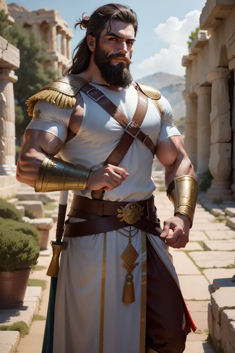 Ancient Greek soldier wearing clothes from ancient Greek era, with beard and muscles, segurando uma espada, with background combat scenery