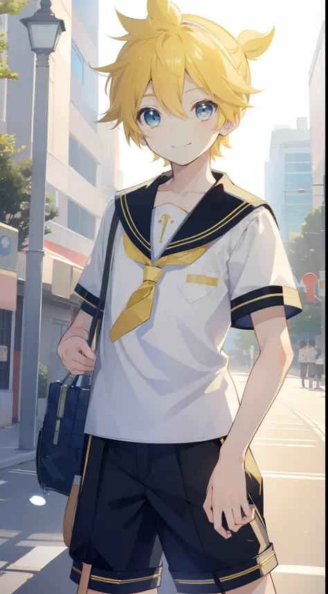 one boy, Len_Kagamine, sailor uniform, short pants, smile, cool, outdoor, character focus, cowboy shot, lovely boy